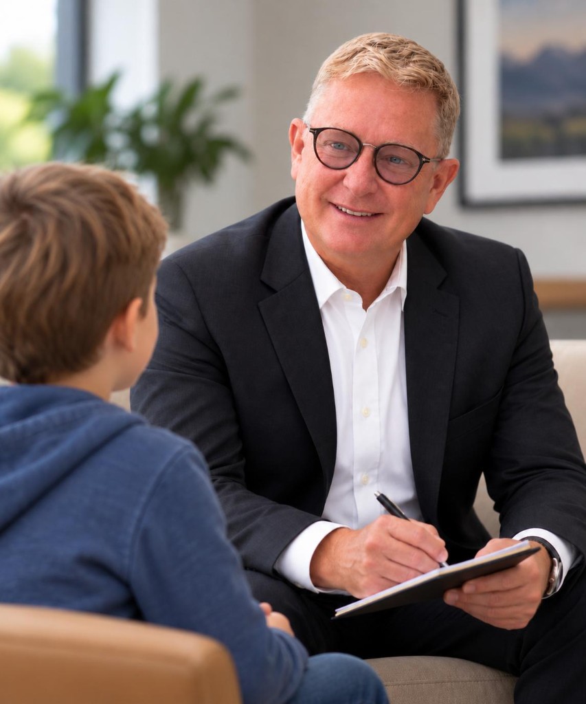A calm meeting in a comfortable office between an adult and a young person.