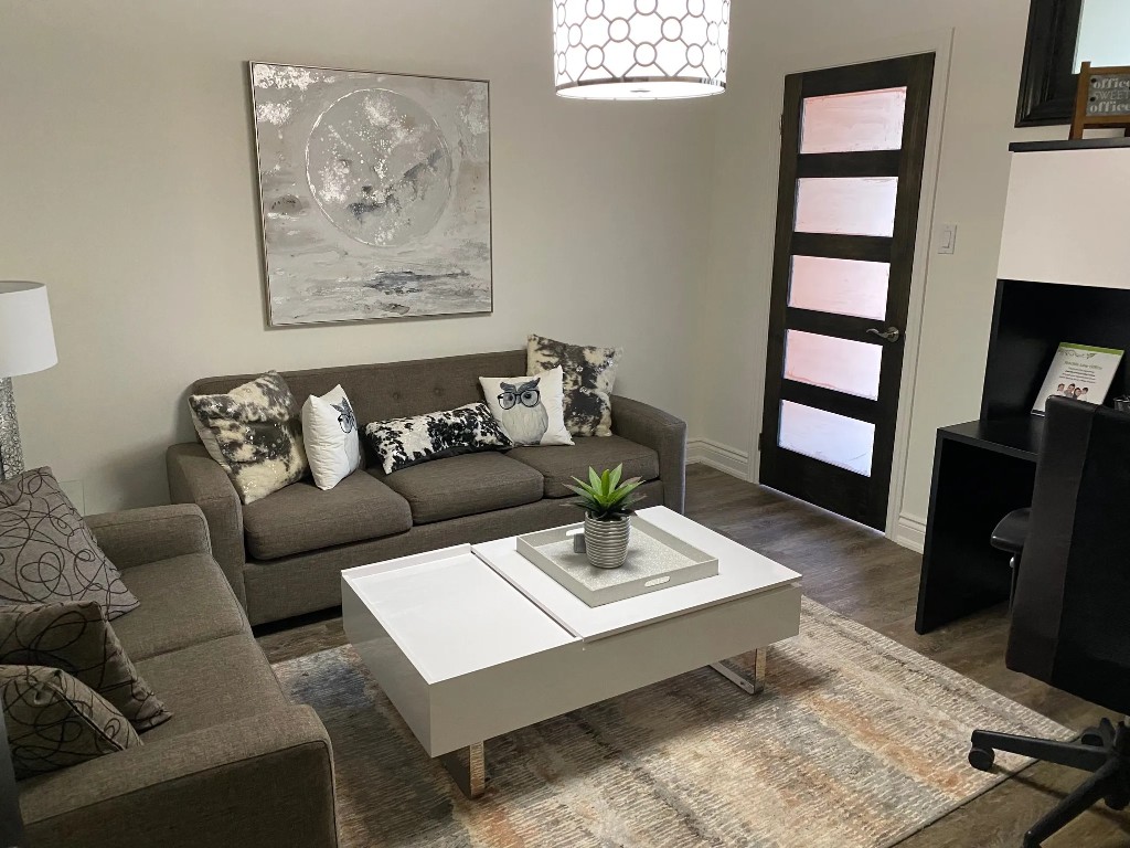 The waiting and meeting area at the Oakville office.