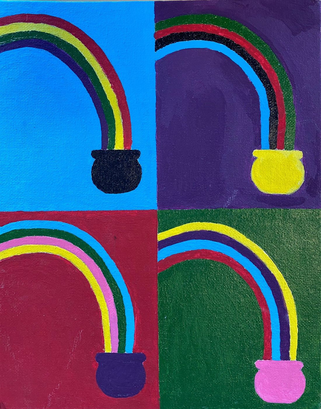 Pop-art painting titled End of the Rainbow, with four colourful rainbows ending in pots, by Emily Cross.